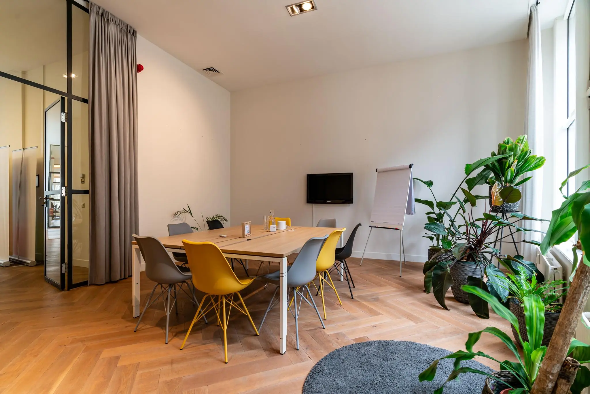 Vergaderruimte aan de Lange Vijverberg met houten vloer, kleurrijke stoelen, een flip-over en veel groene planten.